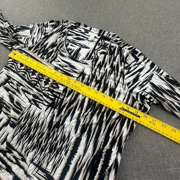 Chico's Tunic Top Ikat Print Black White Red 3/4th Sleeves‎ Size 2 (Large) Rayon - Picture 7 of 10